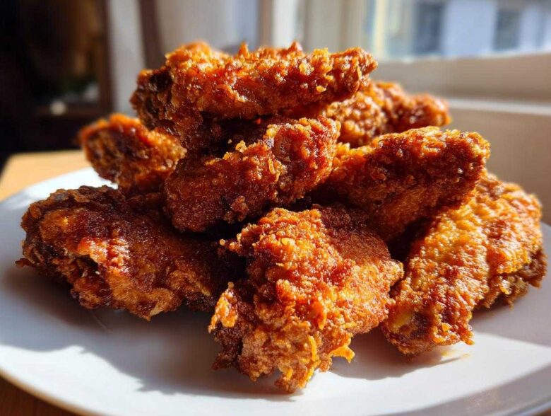 A close-up of a mound of golden brown, crispy fried chicken wings stacked on a white plate, catching bright sunlight.
