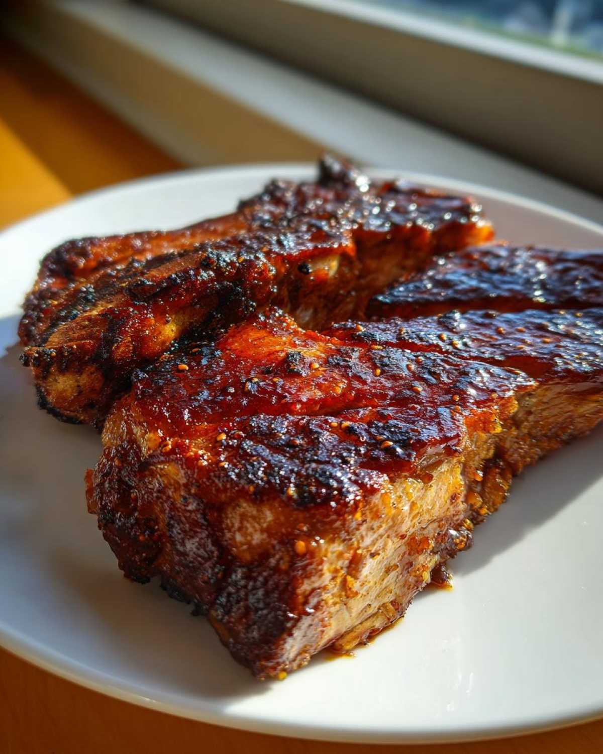 Close-up of two thick, caramelized, and glazed pork steak cuts resting on a white plate.