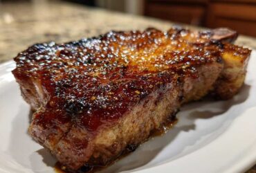 Close-up of a thick, juicy pork steak with a dark, caramelized, and glistening glaze.