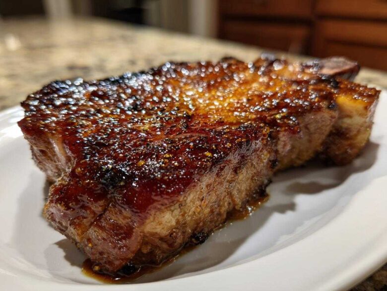 Close-up of a thick, juicy pork steak with a dark, caramelized, and glistening glaze.