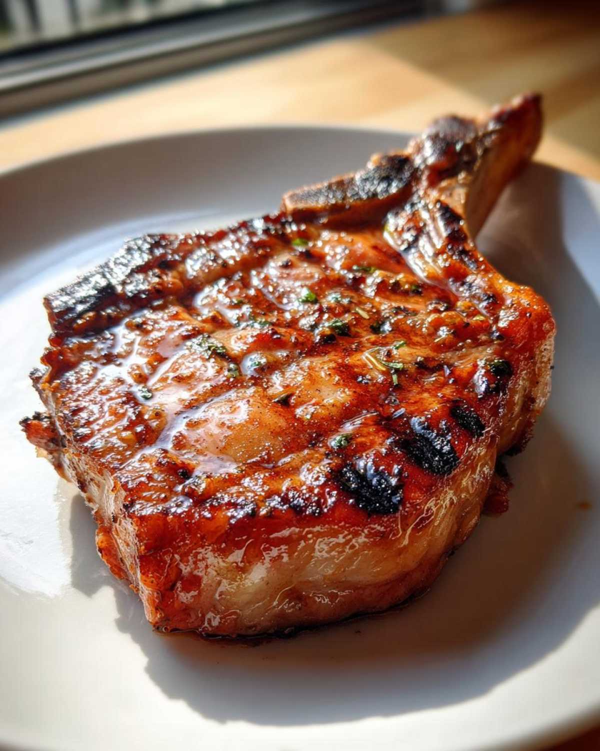Close-up of a thick, bone-in pork chop grilled to perfection, glistening with a rich marinade for pork chops.