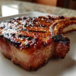 Close-up of a thick, juicy grilled pork chop showing perfect grill marks from the marinade for pork chops.