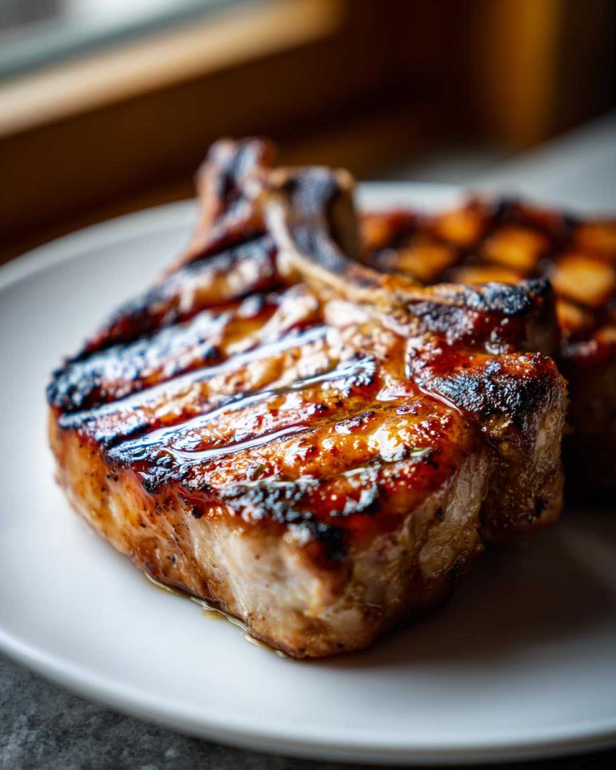 Close-up of a juicy, grilled bone-in pork chop showing dark grill marks, perfect for a marinade for pork chops.