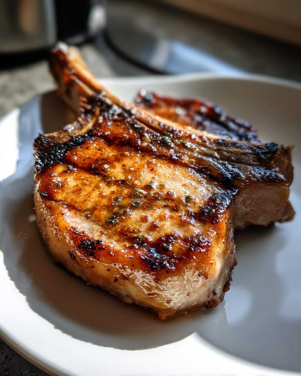 Close-up of a thick, juicy grilled bone-in pork chop showing char marks and glaze from the marinade for pork chops.