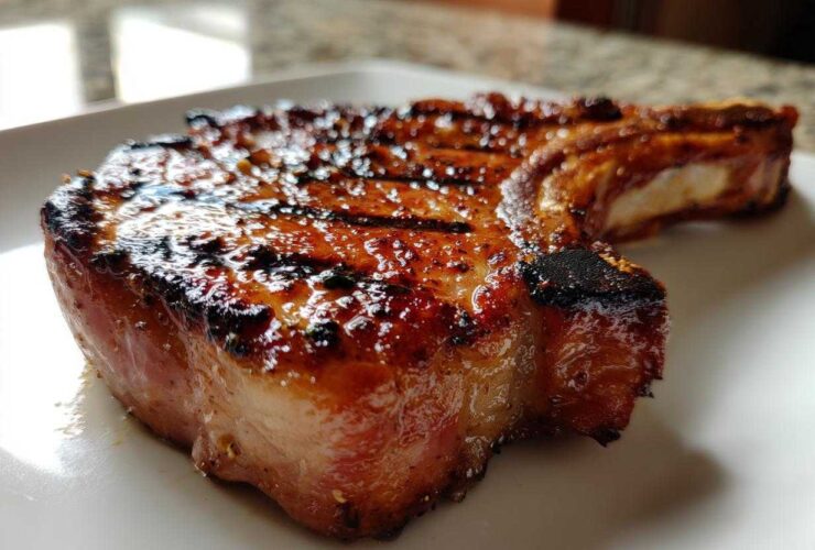 Close-up of a thick, juicy grilled pork chop showing perfect grill marks from the marinade for pork chops.