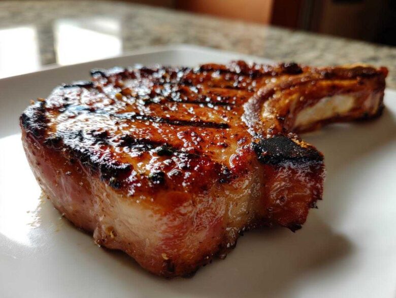 Close-up of a thick, juicy grilled pork chop showing perfect grill marks from the marinade for pork chops.