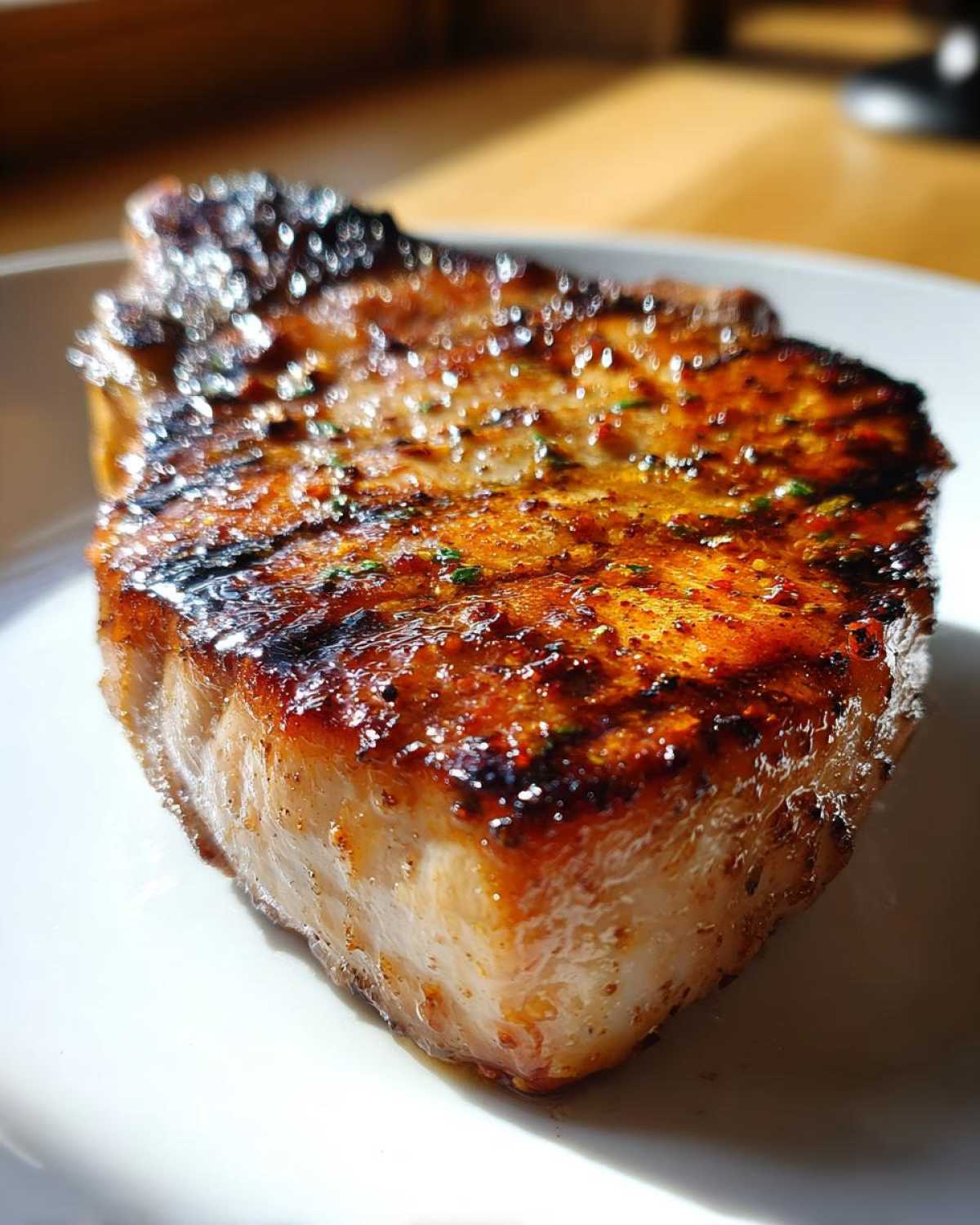Close-up of a thick, juicy pork chop with a beautifully caramelized, dark brown crust, seasoned with herbs.