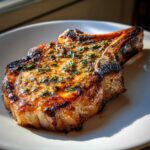 Close-up of a thick, bone-in pork chop cooked perfectly, glistening with a herb marinade for pork chops.