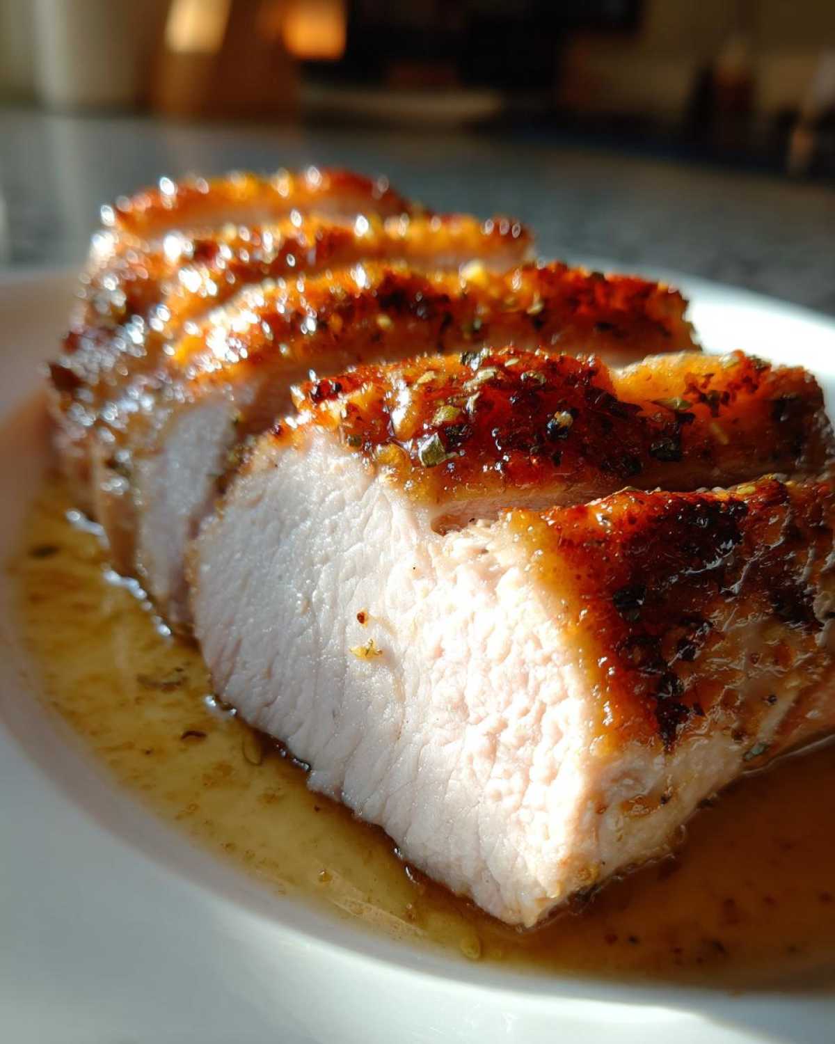 Close-up of thick slices of juicy pork loin roast with a browned, seasoned crust resting in pan juices.