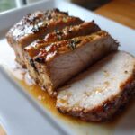 Close-up of three thick slices of juicy pork loin roast resting in pan juices and garnished with herbs.