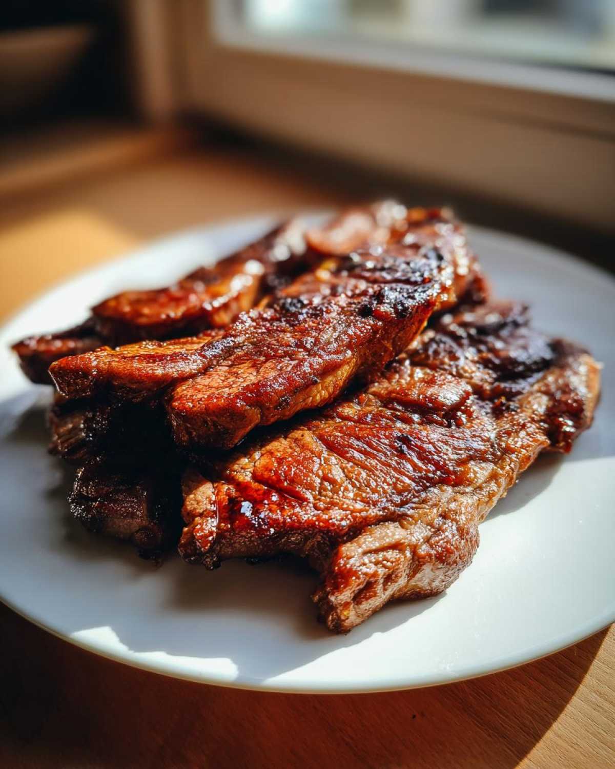Close-up of several perfectly grilled, caramelized pork steak recipe cuts stacked on a white plate.