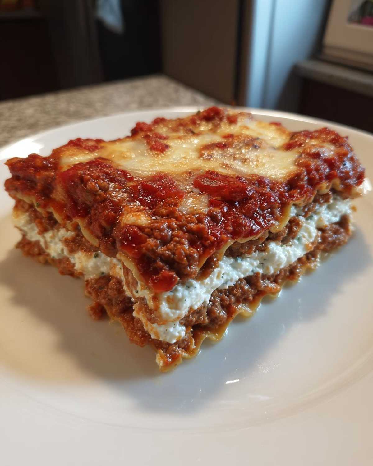 A close-up of a layered slice of Lasagna with Cottage Cheese, topped with melted mozzarella and rich sauce.