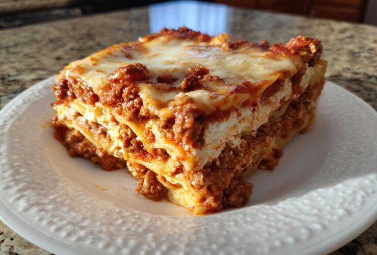 A generous slice of layered lasagna with cottage cheese filling, meat sauce, and melted cheese topping.