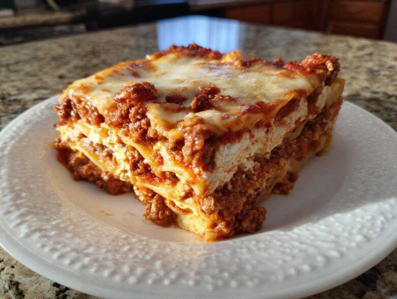 A generous slice of layered lasagna with cottage cheese filling, meat sauce, and melted cheese topping.