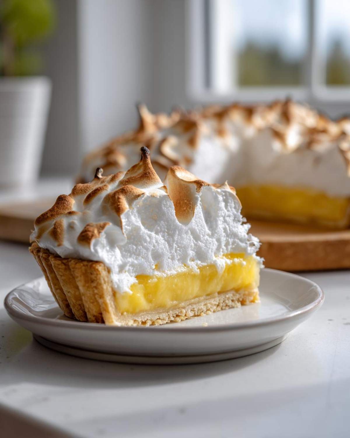 A close-up slice of lemon meringue pie showing bright yellow curd and fluffy, toasted meringue.