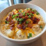 A close-up of a creamy bowl of loaded baked potato soup topped with shredded cheddar, bacon bits, and green onions.
