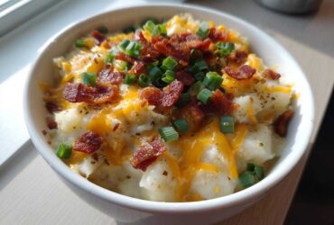 Close-up of a white bowl filled with chunky loaded baked potato soup, topped with melted cheddar cheese, bacon bits, and green onions.