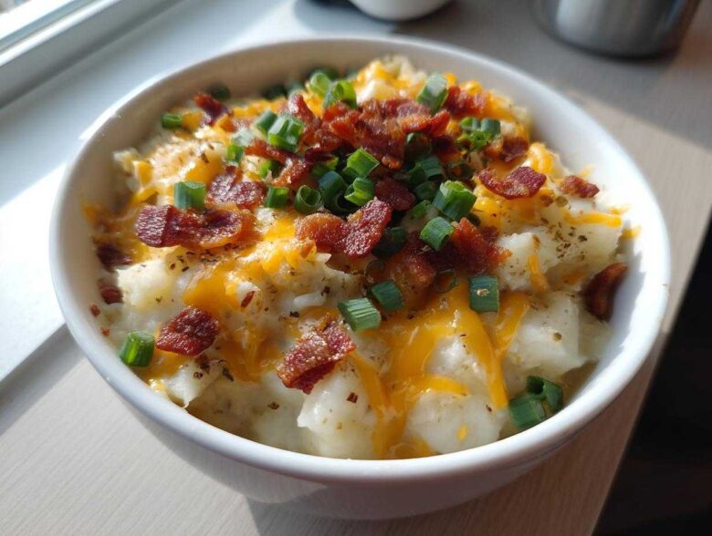 Close-up of a white bowl filled with chunky loaded baked potato soup, topped with melted cheddar cheese, bacon bits, and green onions.