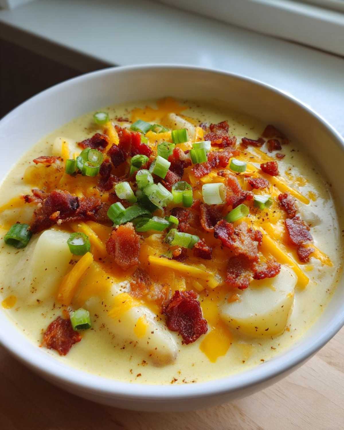 Close-up of a bowl of loaded baked potato soup, topped with cheddar cheese, bacon bits, and green onions.