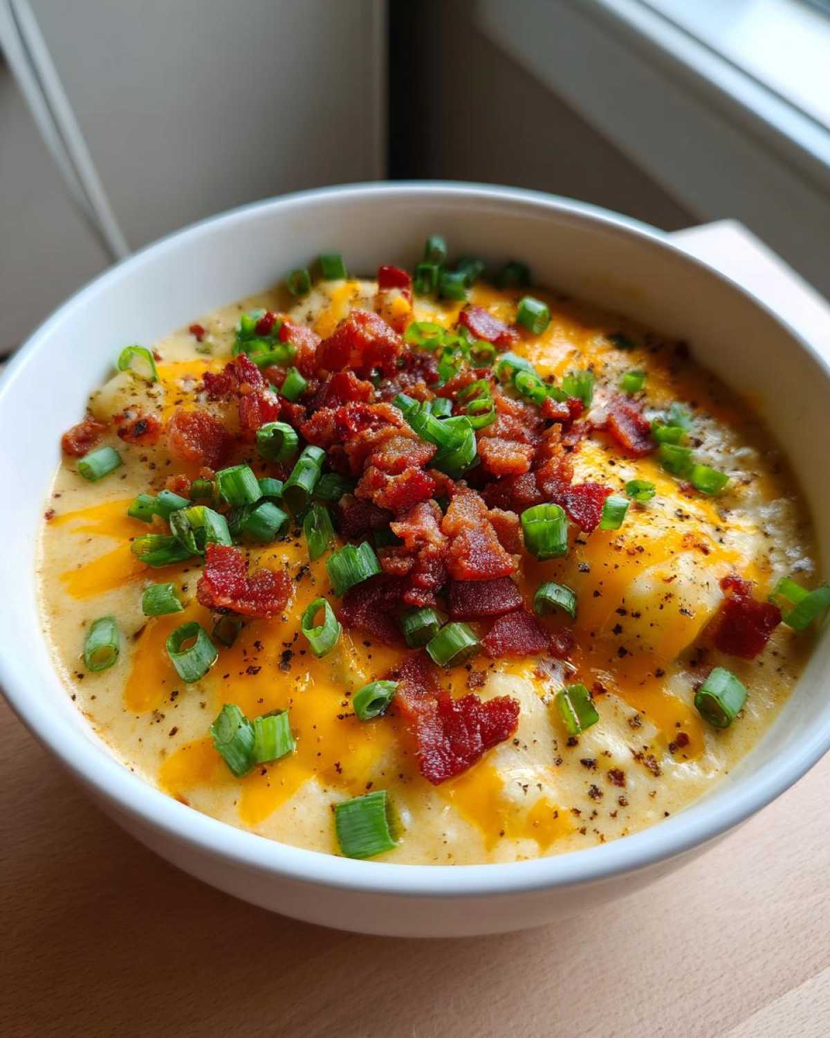 A close-up of a rich bowl of loaded baked potato soup topped generously with cheddar cheese, bacon bits, and green onions.
