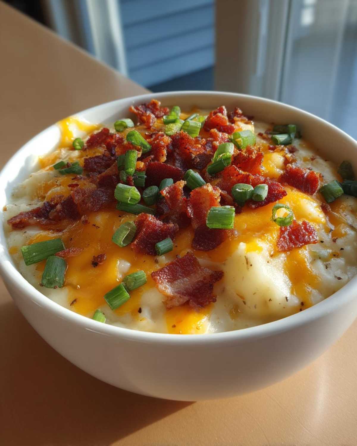 Close-up of a white bowl filled with creamy loaded baked potato soup, topped generously with melted cheddar, bacon bits, and green onions.