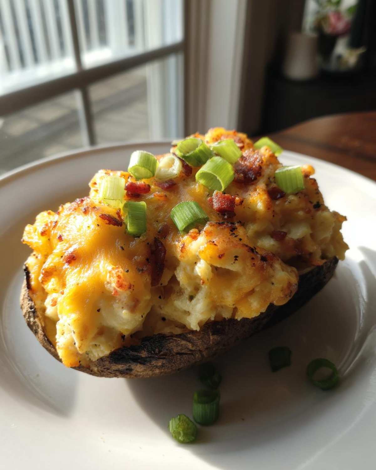A close-up of a perfectly loaded twice baked potato stuffed with cheesy filling, bacon bits, and topped with fresh green onions.