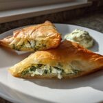 Two golden, flaky Mediterranean Spinach and Feta Cheese Crisps triangles served with a dollop of creamy dip.