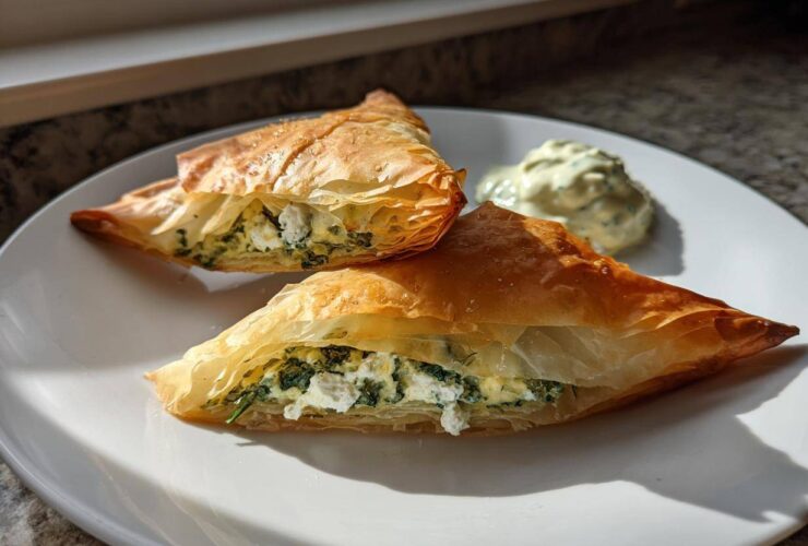 Two golden, flaky Mediterranean Spinach and Feta Cheese Crisps triangles served with a dollop of creamy dip.