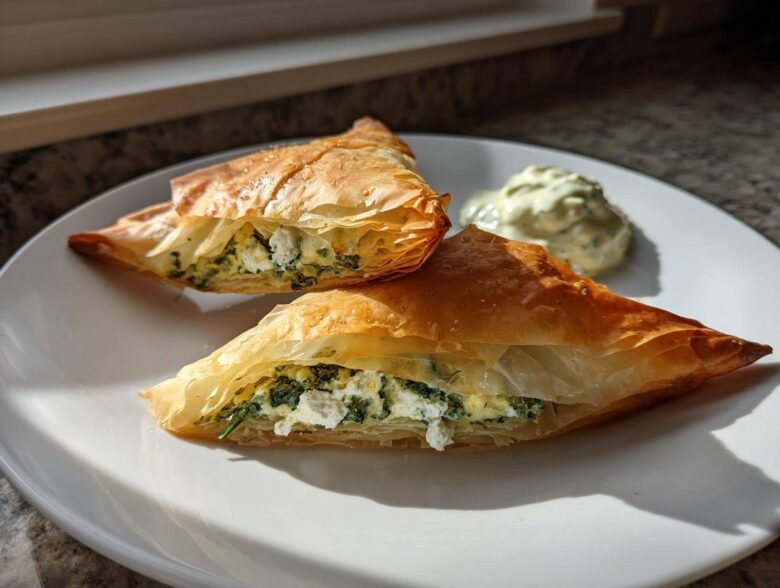 Two golden, flaky Mediterranean Spinach and Feta Cheese Crisps triangles served with a dollop of creamy dip.
