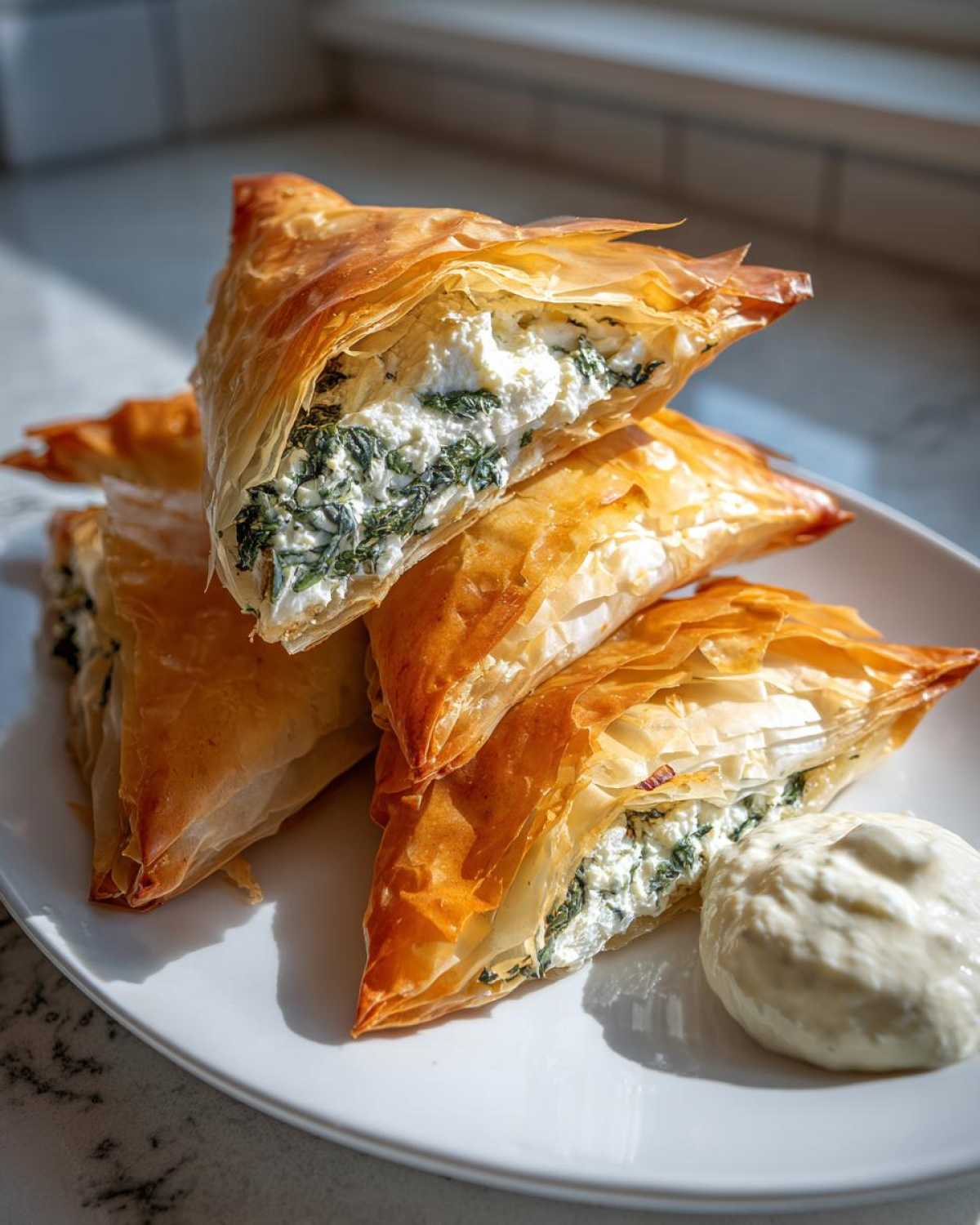 A stack of golden brown Mediterranean Spinach and Feta Cheese Crisps on a white plate with a side of dipping sauce.