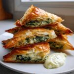A stack of golden brown Mediterranean Spinach and Feta Cheese Crisps made with flaky phyllo dough, served with a dollop of sauce.