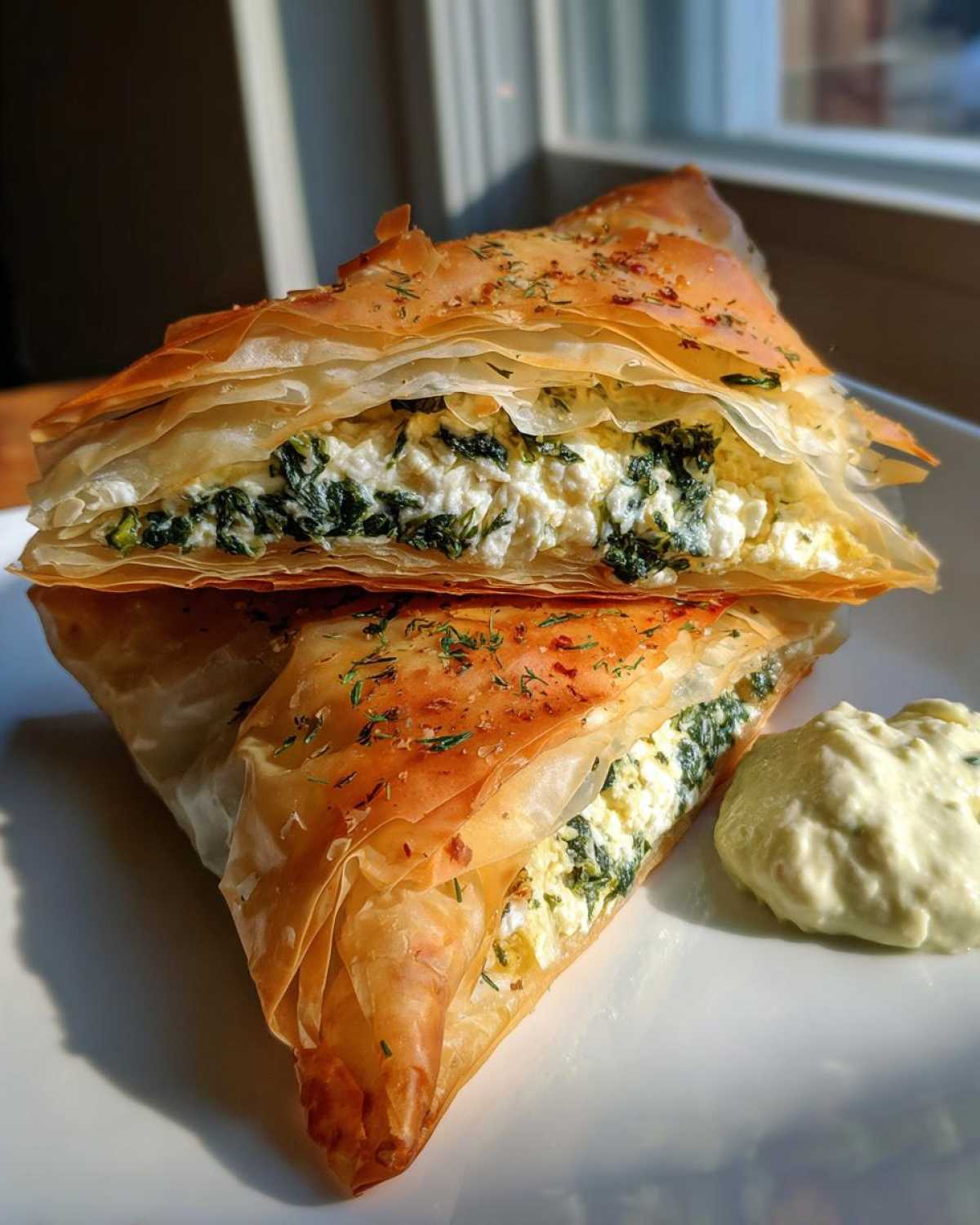Two stacked, golden brown Mediterranean Spinach and Feta Cheese Crisps showing the creamy filling and flaky phyllo dough.