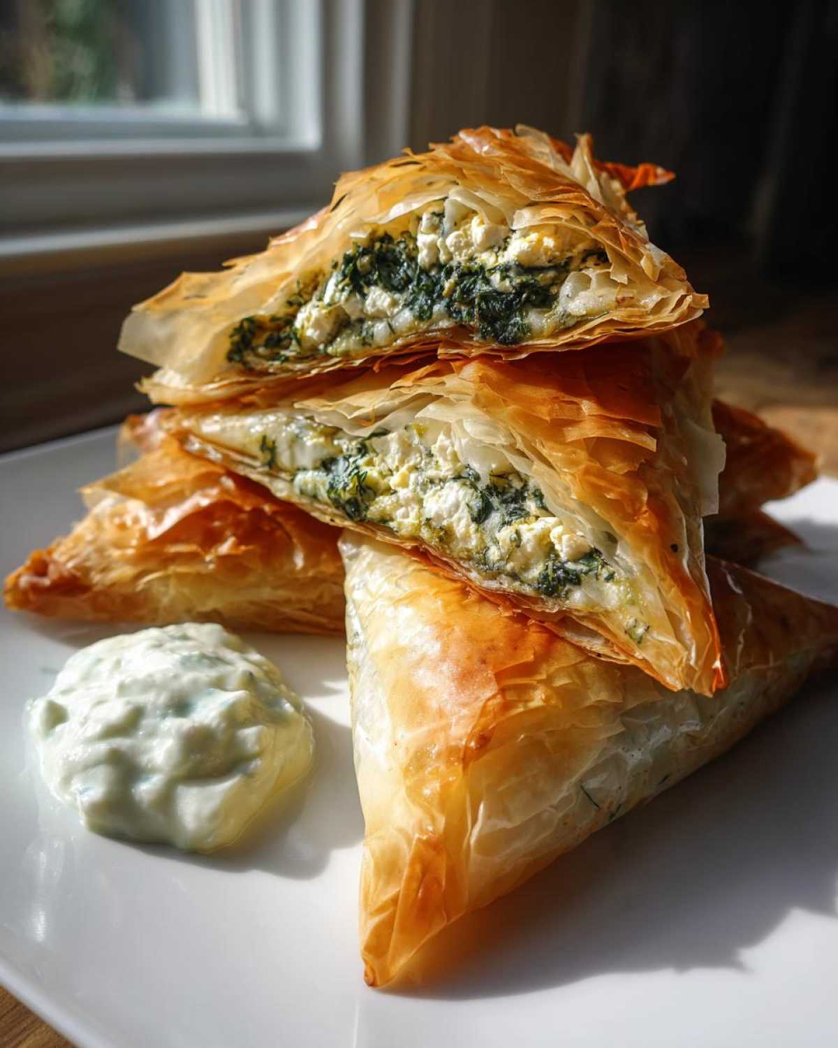 Stack of golden, flaky Mediterranean Spinach and Feta Cheese Crisps served with a side of creamy dip.