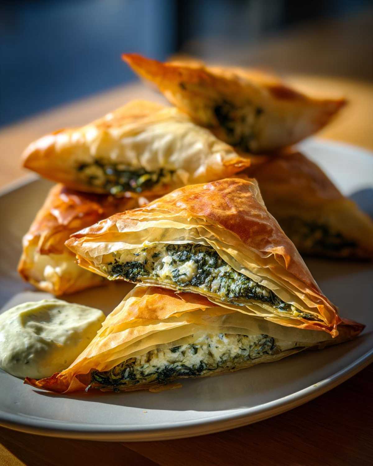 Close-up of flaky Mediterranean Spinach and Feta Cheese Crisps stacked on a plate with a side of dipping sauce.