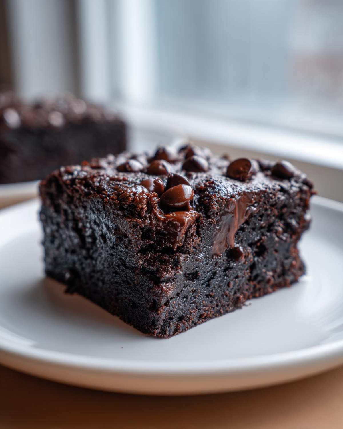 A close-up of a rich, dark square of black bean brownies topped with melted chocolate chips on a white plate.