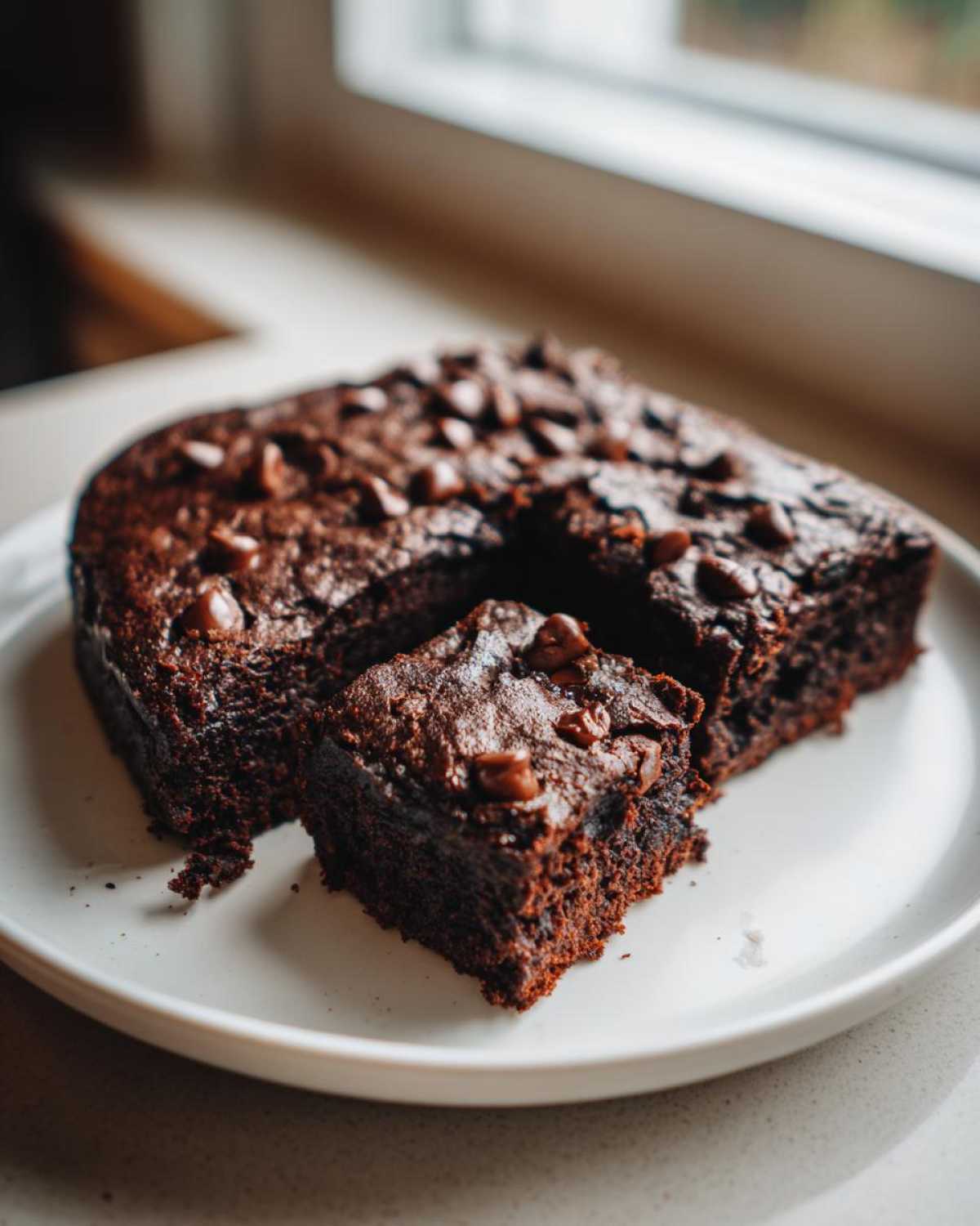 A square slice cut from a batch of rich, dark chocolate black bean brownies topped with chocolate chips.