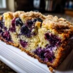 Close-up of a moist slice of blueberry banana bread featuring a crumbly streusel topping and bursting blueberries.