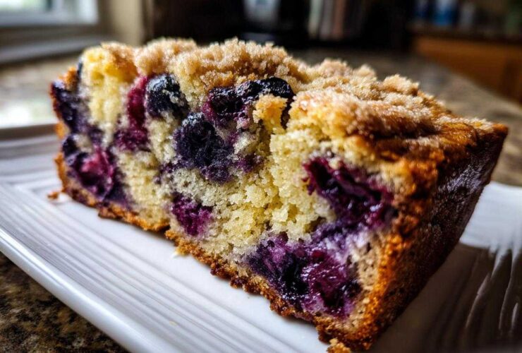 Close-up of a moist slice of blueberry banana bread featuring a crumbly streusel topping and bursting blueberries.