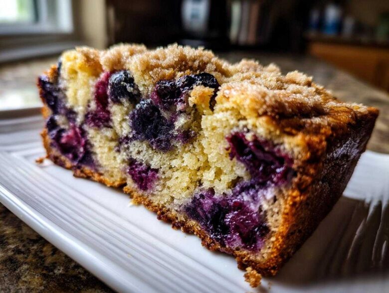 Close-up of a moist slice of blueberry banana bread featuring a crumbly streusel topping and bursting blueberries.