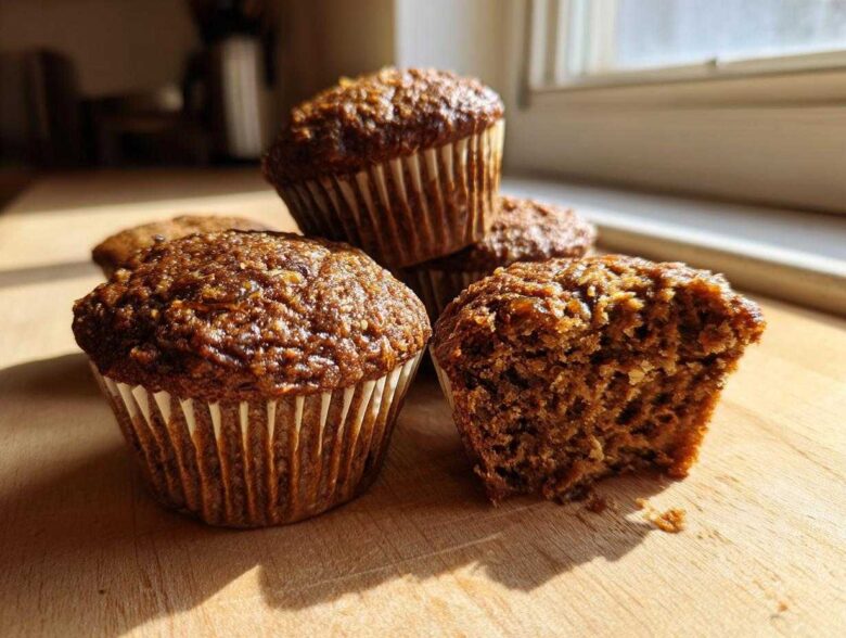 A stack of moist bran muffins on a wooden board, with one muffin broken open showing the texture.
