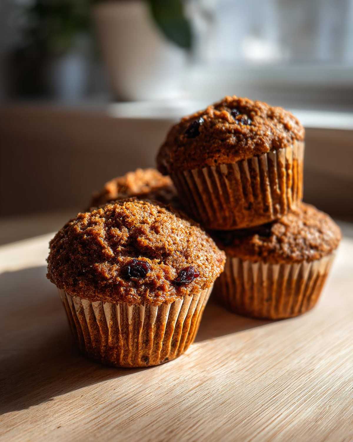 Close-up of several moist bran muffins with visible dried fruit, sitting on a wooden surface in natural light.