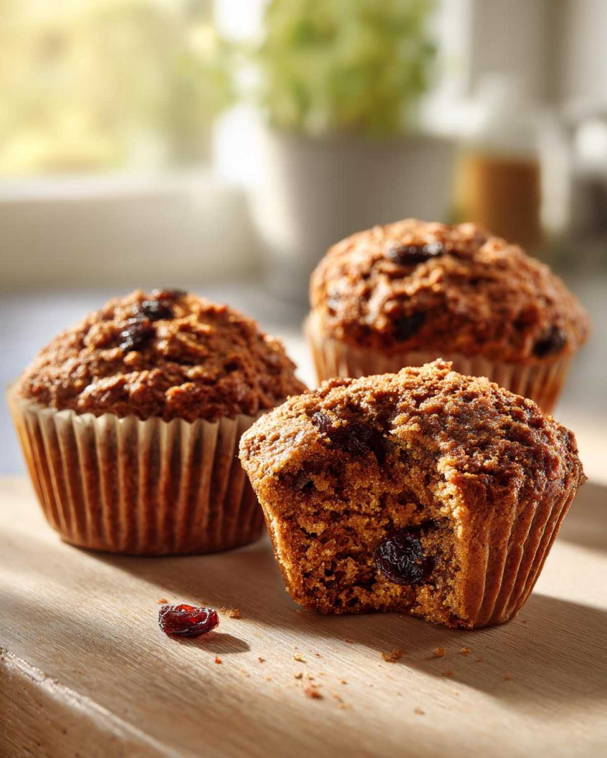 Three moist bran muffins, one with a bite taken out, showing raisins inside, on a wooden surface.