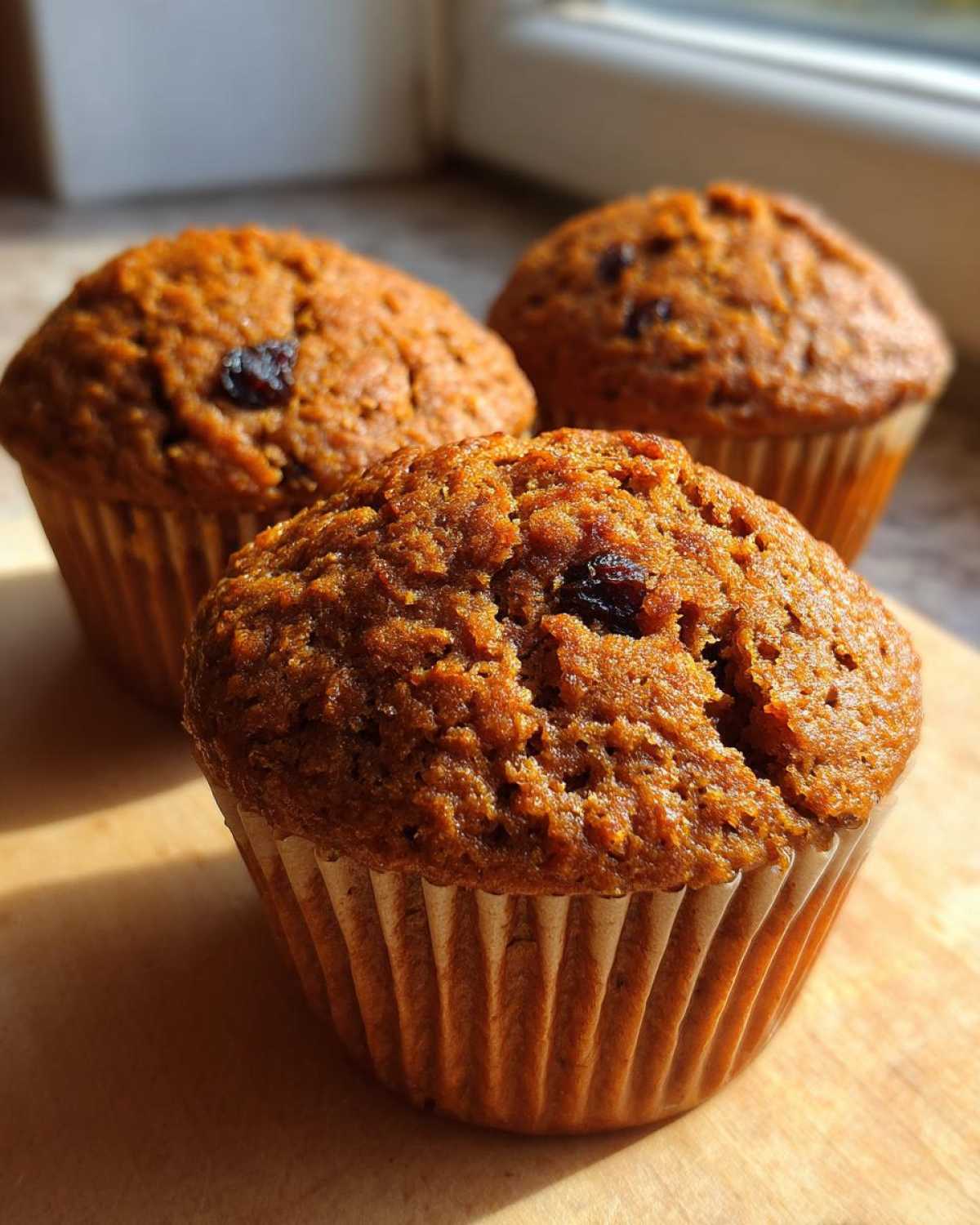 Close-up of three moist bran muffins, featuring visible raisins and a golden-brown top, sitting on a wooden surface.