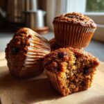 Close-up of several moist bran muffins, one broken open showing raisins, sitting on a wooden cutting board.