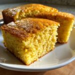 Close-up of three golden slices of moist buttermilk cornbread served on a white plate.