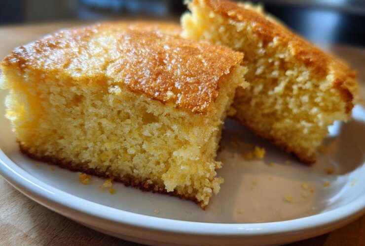 Close-up of two golden slices of moist buttermilk cornbread with a slightly browned top, served on a white plate.