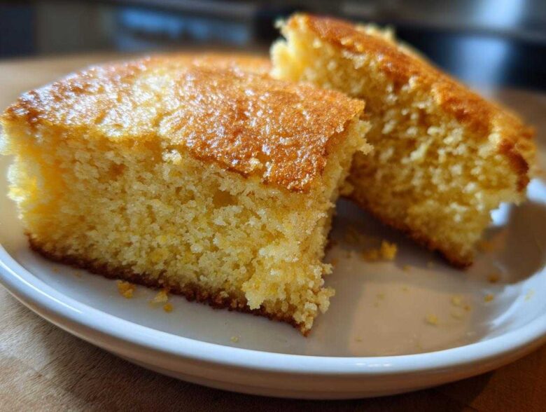 Close-up of two golden slices of moist buttermilk cornbread with a slightly browned top, served on a white plate.