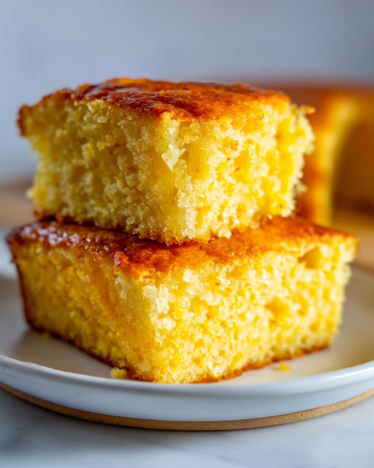 Two moist squares of golden buttermilk cornbread stacked on a white plate, showing a rich, crumbly texture.