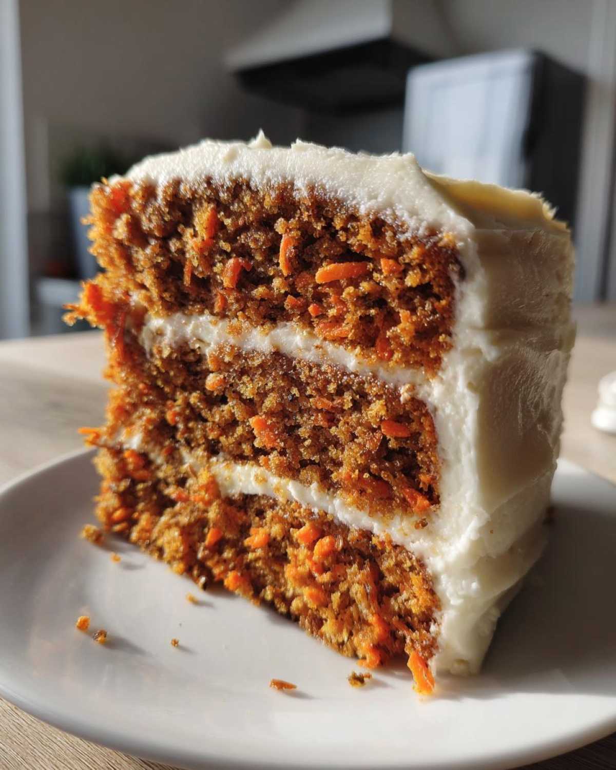 Close-up of a thick slice of moist carrot cake recipe, showing two layers filled and topped with cream cheese frosting.