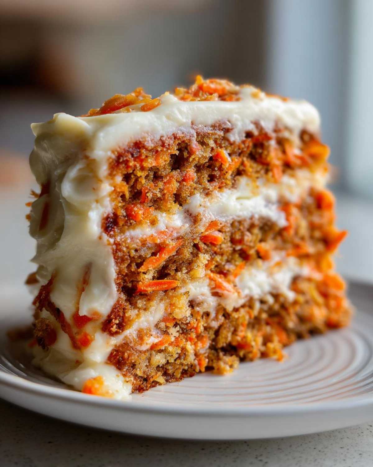 Close-up of a thick slice of moist carrot cake recipe with visible shredded carrots and cream cheese frosting layers.
